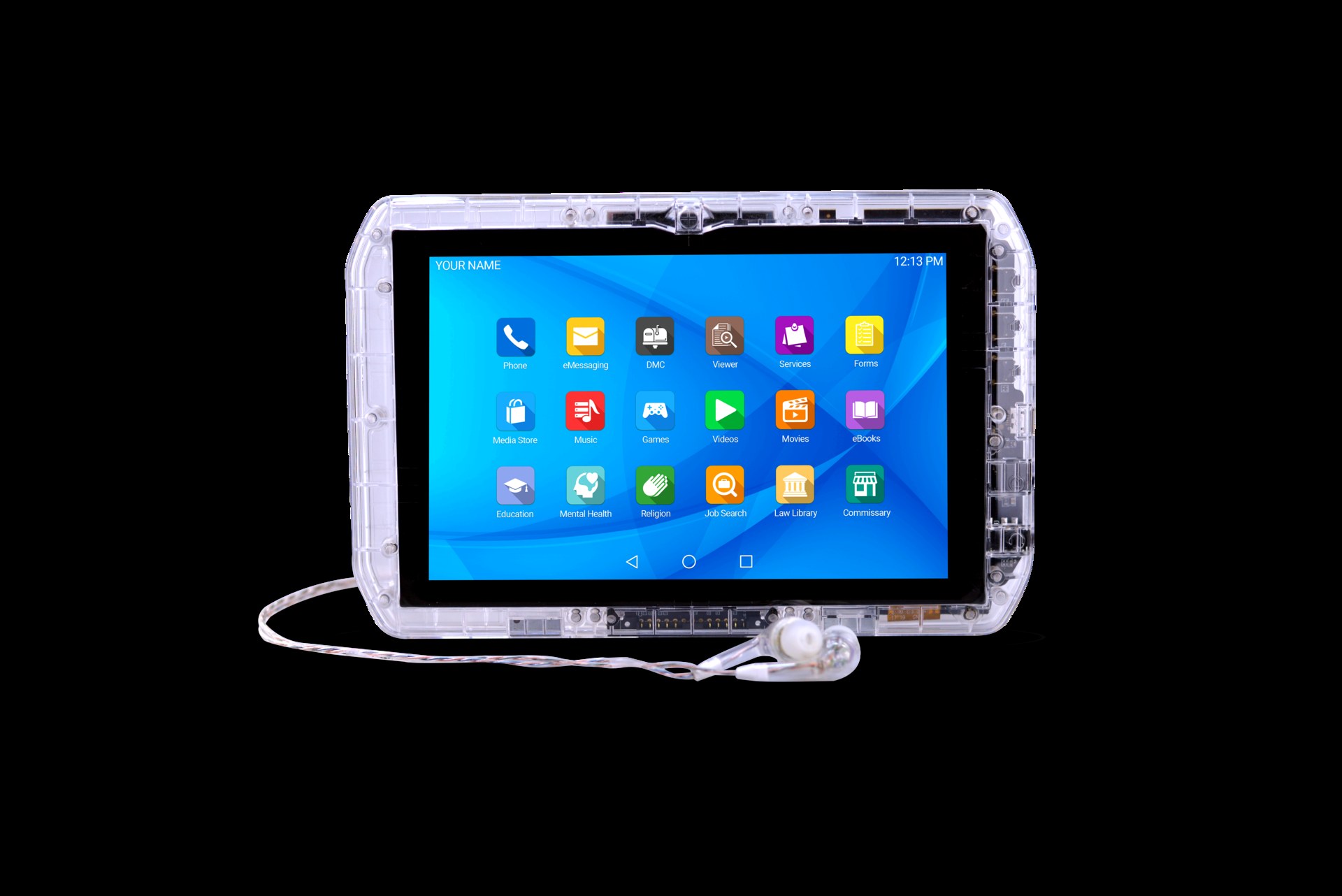 Corrections-grade Securus JP6S SecureView tablet in a clear ruggedized case, its screen showing communication, education, and resource apps